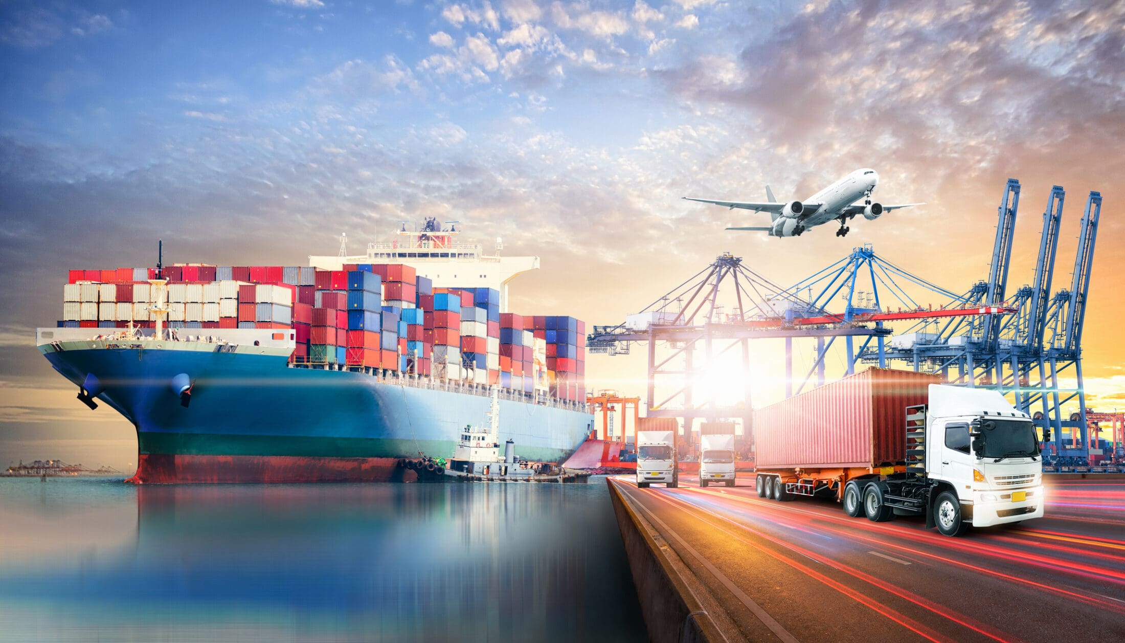 Global business logistics import export background and container cargo freight ship transport concept Distribution by Land, Air & Sea
