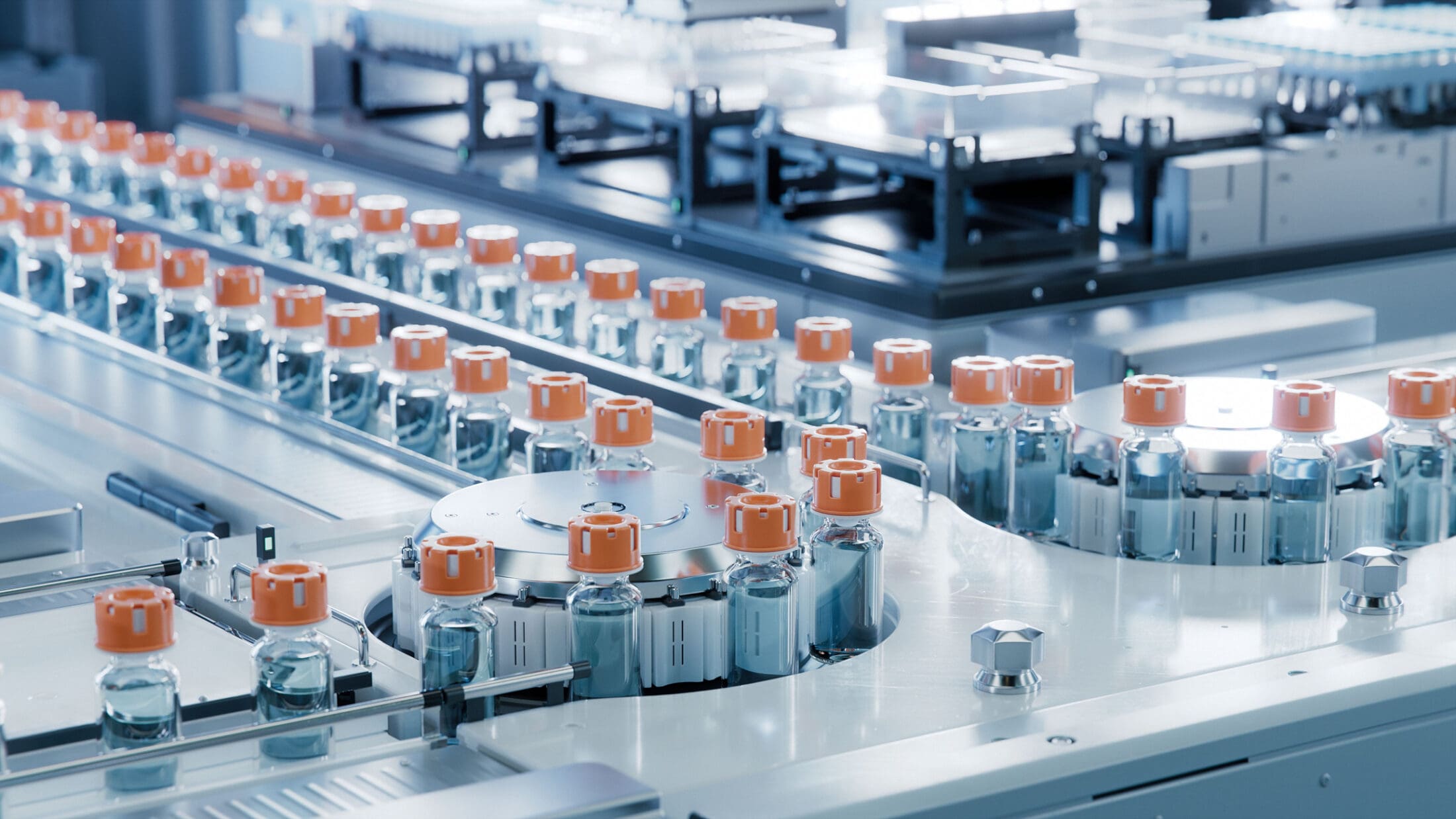 Vaccine Production Facility. Medication Manufacturing Process. Glass Vials with Orange Caps on Conveyor Belt. Medical Ampoule Production Line at Modern Pharmaceutical Factory. Production Line at Modern Pharmaceutical Factory.